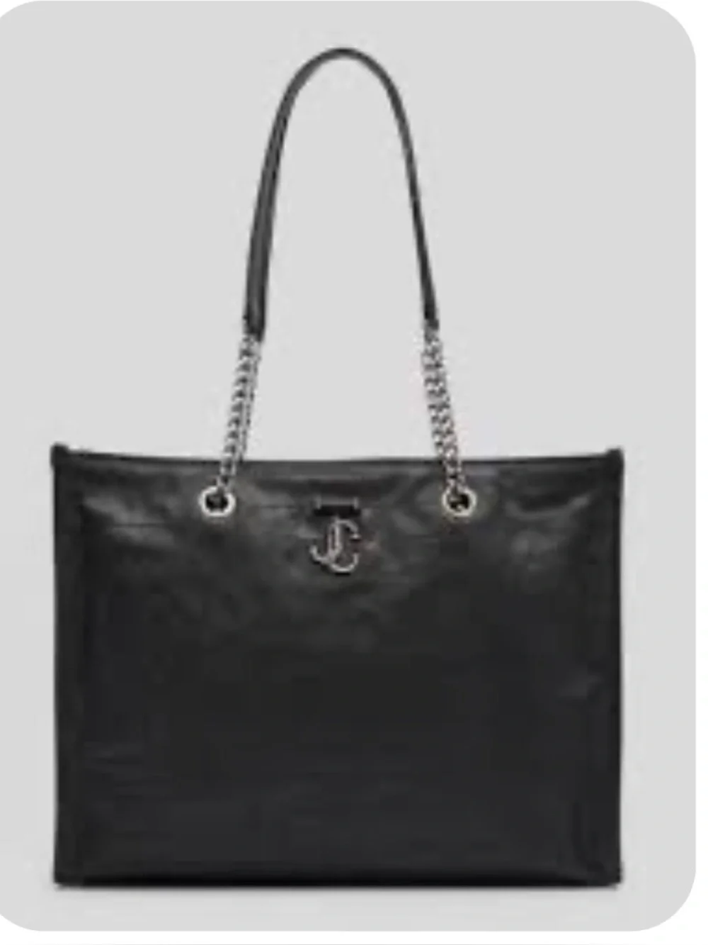 Jimmy Choo Black Tote Bag with Silver Chain Handles and iconic logo